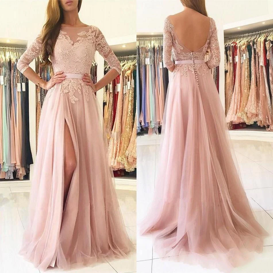 Dusty Pink Prom Dress Long Scoop Neck A Line Backless Lace Appliques Tulle Side Split Formal Evening Party Gowns CP201 | Свадьбы и