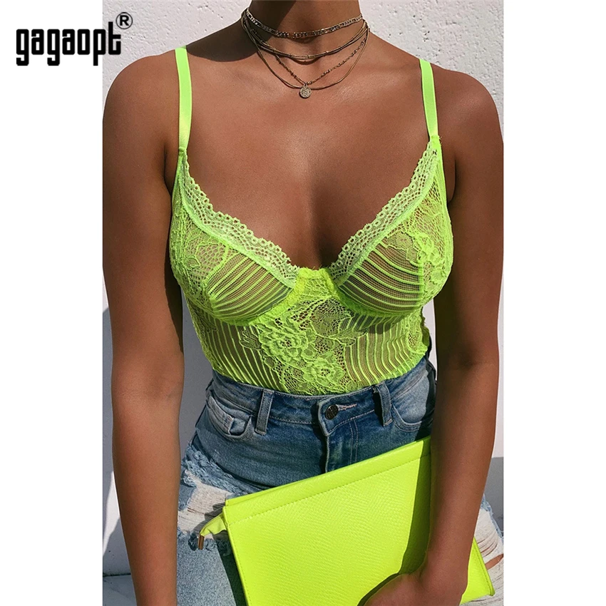 red bodysuit Gagaopt Sexy Lace Bodysuit Backless Sheer Lace Mesh Teddies Women Jumpsuits Skinny Neon Fashion Straps Bodysuits mesh bodysuit