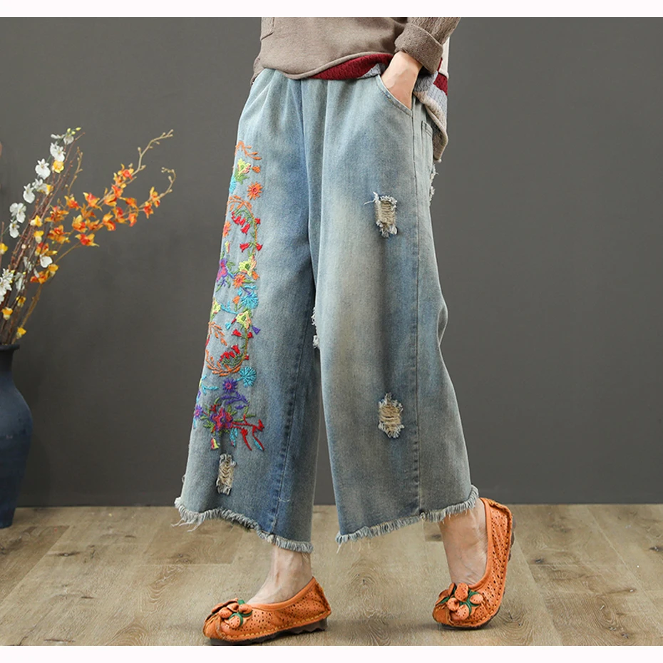 Женские джинсы с широкими штанинами, джинсовые штаны, женские брюки с цветочной вышивкой, большие свободные Ретро Винтажные повседневные Модные 180436