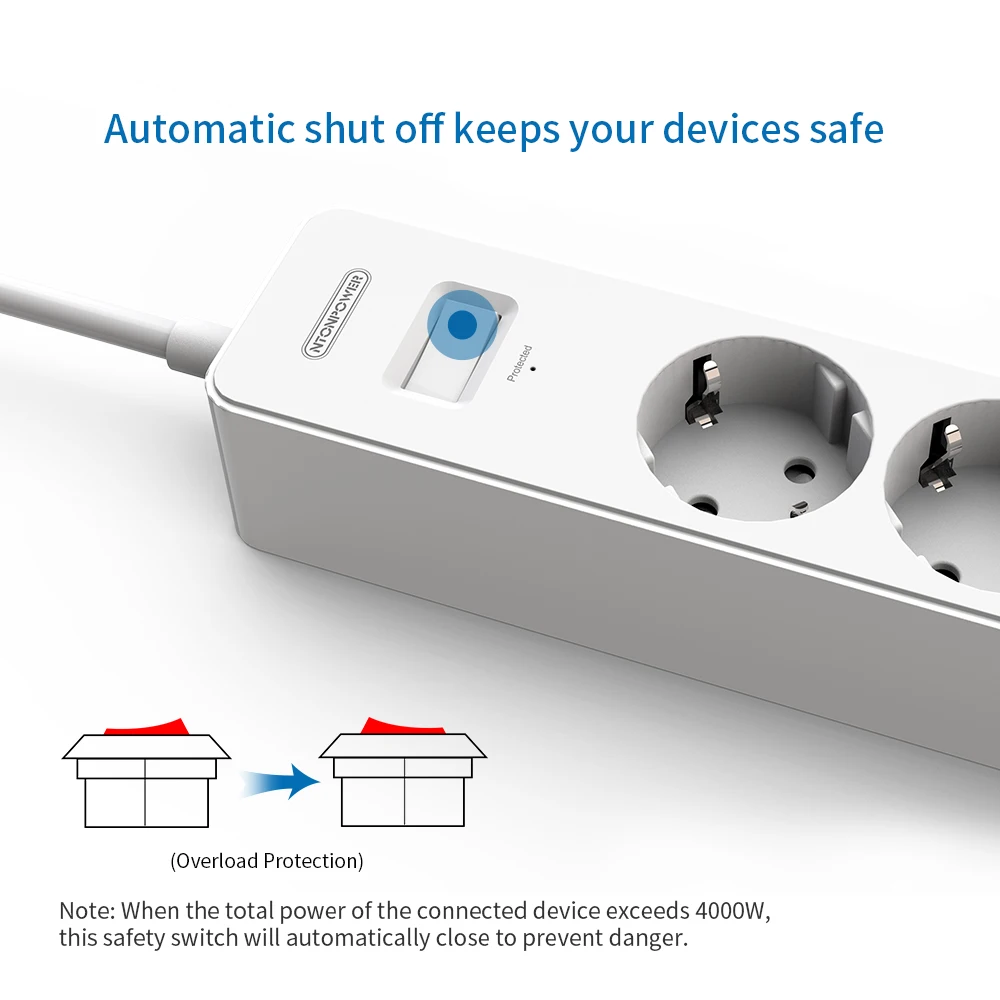 Сетевой фильтр NTON, умный сетевой фильтр с европейской вилкой, 4000 Вт, сетевой фильтр для домашнего офиса, 2,5 м, удлинитель шнура
