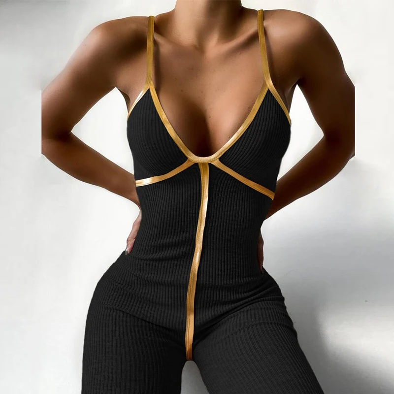 Elegant Off Shoulder Rib Knit Jumpsuit Women Rompers 2020 Sexy Sleeveless Jumpsuits Deep V Neck Backless Solid Skinny Bodysuit