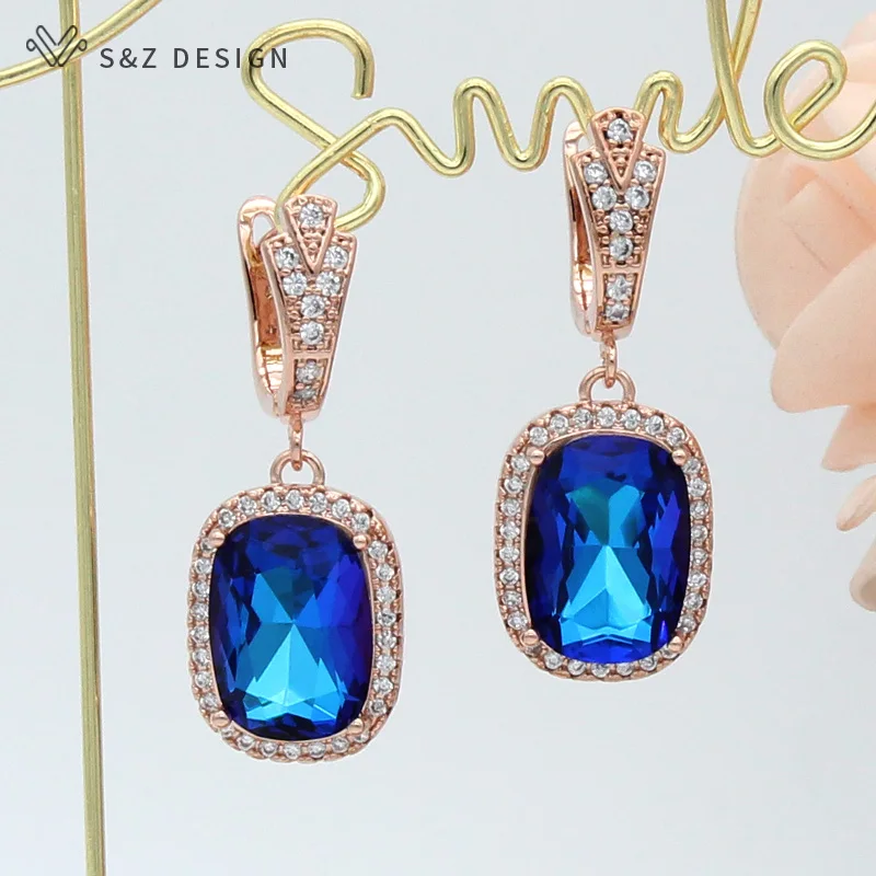 S&Z DESIGN New Square Crystal Dangle Earrings 585 Rose Gold Color For Women Wedding Jewelry Cubic Zirconia Eardrop