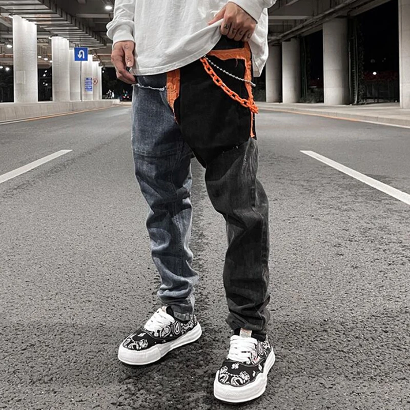 Pantalones vaqueros desgastados diseño de cadena para hombre y mujer, pantalón de estilo Retro, recto, informal, de gran tamaño|Pantalones vaqueros| - AliExpress