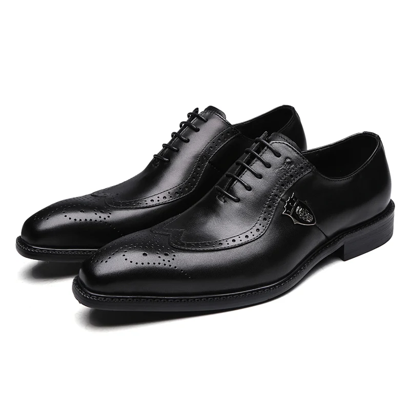 Роскошные классические мужские обувь с перфорацией типа «броги» полуботинки, платье, обувь из натуральной коровьей кожи с заостренным носком на шнуровке мужская формальная Свадебная вечеринка - Цвет: Black
