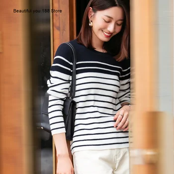 

contrast round color neck striped sweater top 2020 autumn and winter New style striped pullover sweater