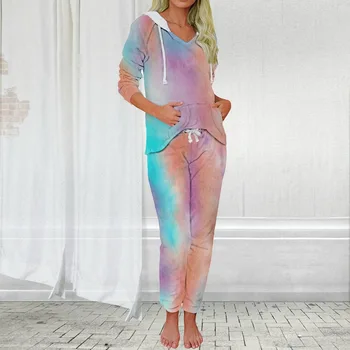 

2020 Summer Tie Dye Printed Women Pajamas Long Sleeve Tops And Long Pants Hooded Set Nightwear Casual Sleepwear