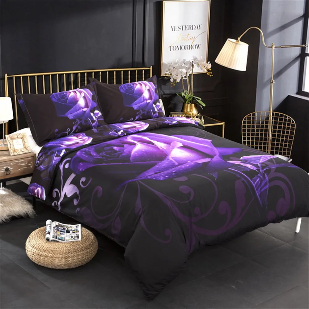 3D purple Rose luxury Bedding Sets flower Bed Linen Sets Bedroom home Hotel Quilt Duvet Cover adult bedclothes queen king Size