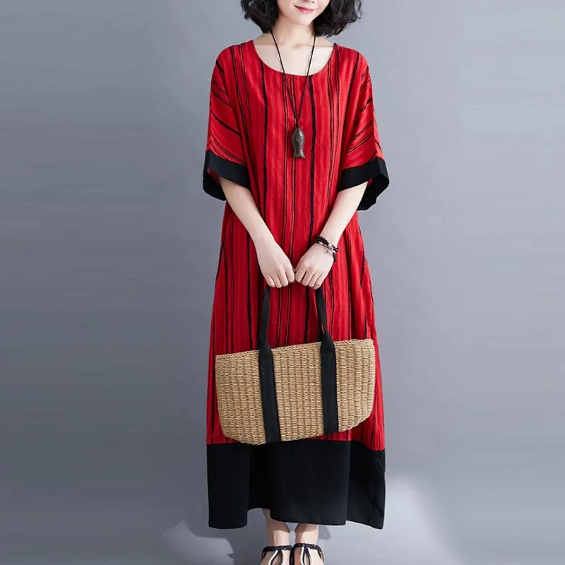 

2020 Summer Cotton Linen Plus Size Striped Beach Dress Ladies Oversize Dresses for Women 3XL 4XL 5XL 6XL Long Casual Dress Robe