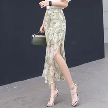 Boho Летняя женская тонкая юбка с цветочным рисунком, Корейская шифоновая длинная юбка, Женская Асимметричная короткая юбка с вуалью, асимметричная пляжная юбка макси