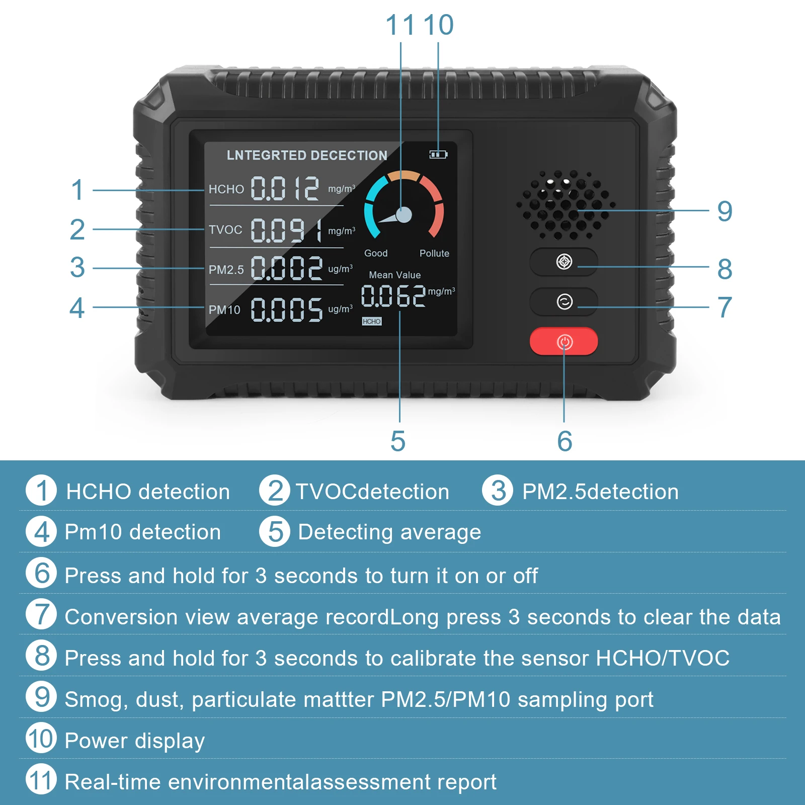 HLW-100 Air Quality Monitor TVOC HCHO PM2.5 PM10 Home Office Outdoor