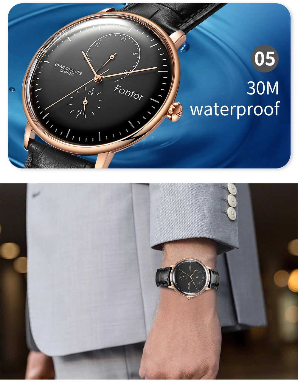 Fantor мужские топ брендовые Роскошные повседневные деловые часы из натуральной кожи водонепроницаемые кварцевые наручные часы с хронографом для мужчин