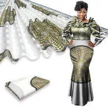 Шелковая ткань органза 3 ярдов+ 3 ярдов лента Материал африканская ткань с принтом атласная шелковая ткань Новинка высокое качество Анкара