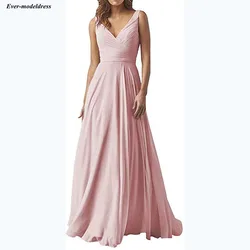 Simple Bridesmaid Dresses Long V-Neck Zipper Back Floor Length Pleats Chiffon Wedding Guest Dress Maid of Honor Gowns 2021 Cheap