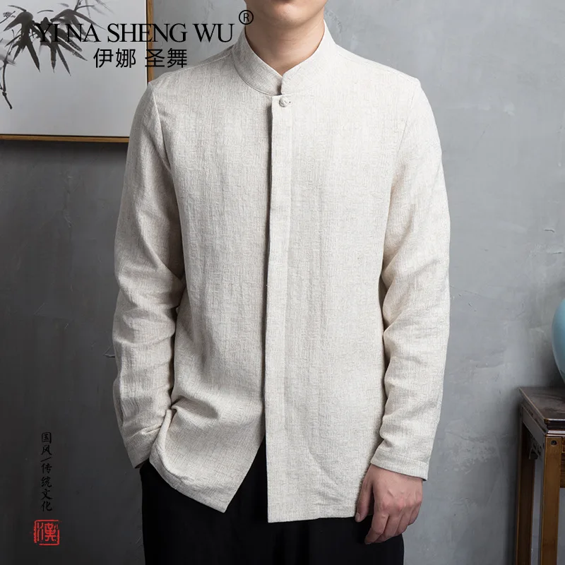 Mens Chinese Style Cotton Linen Long Sleeve Shirt Men Casual Clothing Retro Tang Suit Stand Up Collar Top Plus Size Clothes Male