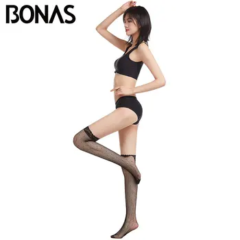 

BONAS Sexy Fishnet Women Stockings Black Stripe High Elastic Hollow Mesh Lace Thigh High Stockings Elegant Ladies Knee Stockings