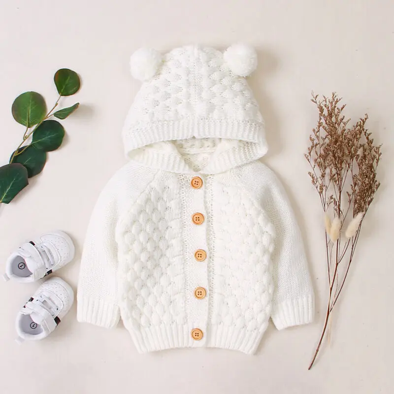 Одежда для новорожденных девочек Детская одежда; Одежда для мальчиков свитер с капюшоном с ушками теплая вязаная осень-зима кардиганы, верхняя одежда, свитера