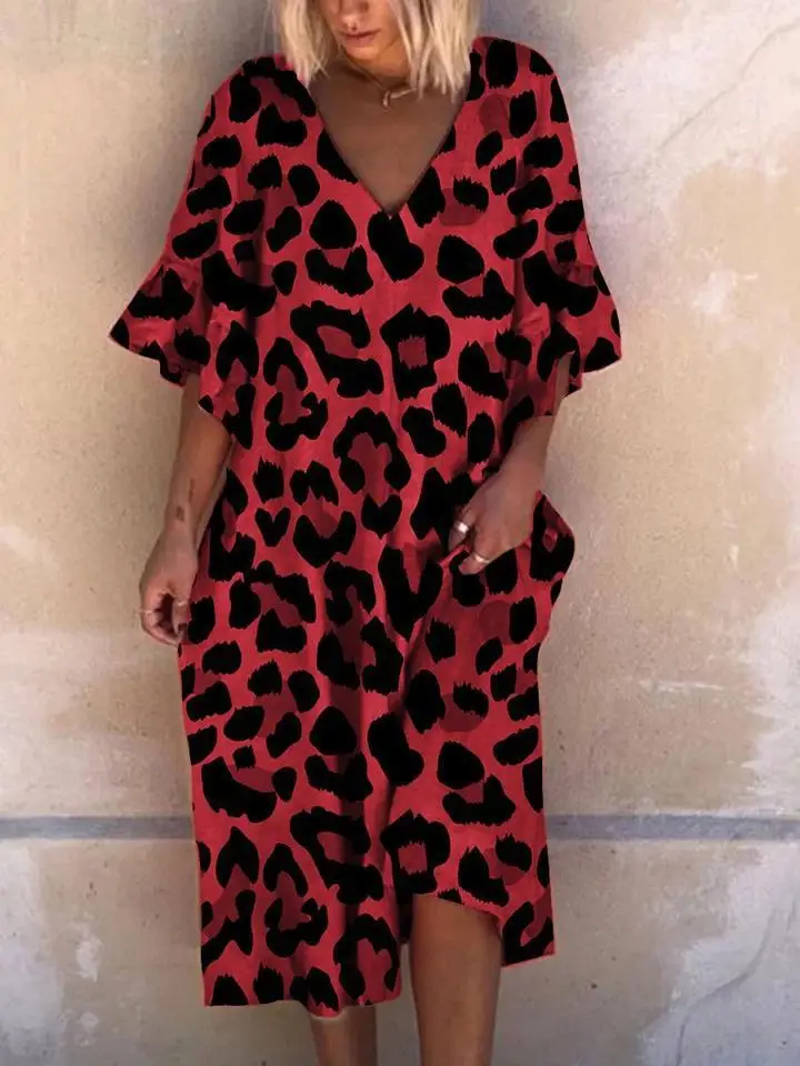 New Summer Fashion Women Loose Boho Elegant Dress Large Big Party Ruffle Sleeve Leopard Print Dresses Plus Sizes jumper dress Dresses