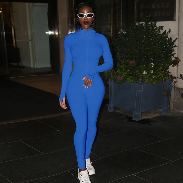 Plus Jumpsuit For Women Romper 2020 Lucky Label Long Sleeve Casual Skinny Turtleneck Catsuit Zipper Sport Wear Bodysuit Black Blue