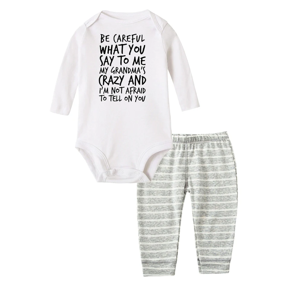 

Be Careful What You Say To Me My Grandma Crazy 2PCS Baby Girl Clothes Infant Baby Girl Letter Romper Tops+ Pants Outfits Set