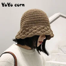 Панама женская осенняя и зимняя кружевная шерстяная шапка ручной вязки Рыбацкая шляпа Корейская версия милая маленькая теплая шапка с милым лицом