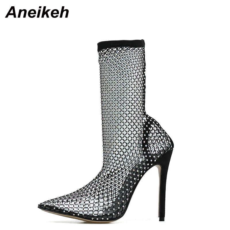 Women High Heels Aneikeh Spring Sexy Bling CRYSTAL Mesh Pumps Woman Fetish Thin High Heel PVC Pointed End Stripper Slip-On Retro Party Shoes