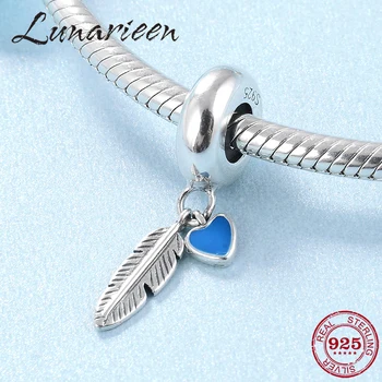 

Hot sale 925 Sterling Silver Feather Blue Enamel hearts Spacer Stopper Beads Charms Fit Original europeu Bracelet Jewelry Making