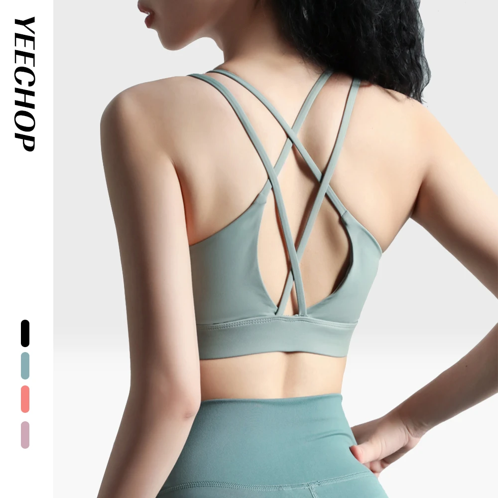 

Yeechop Seamless Sports Bra For Women Gym High Impact Cross Back Crop Top Fitness Mesh Workout Solid Seamless Sport Bra Padded