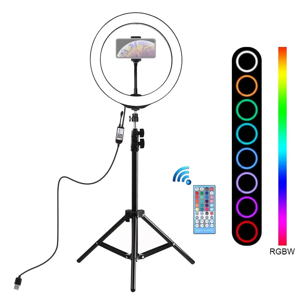PULUZ, 10 дюймов, 26 см, RGBW светодиодный кольцевой светильник для селфи, Видеосъемка и тренога, комплекты для прямой трансляции с пультом дистанционного управления и зажимом для телефона