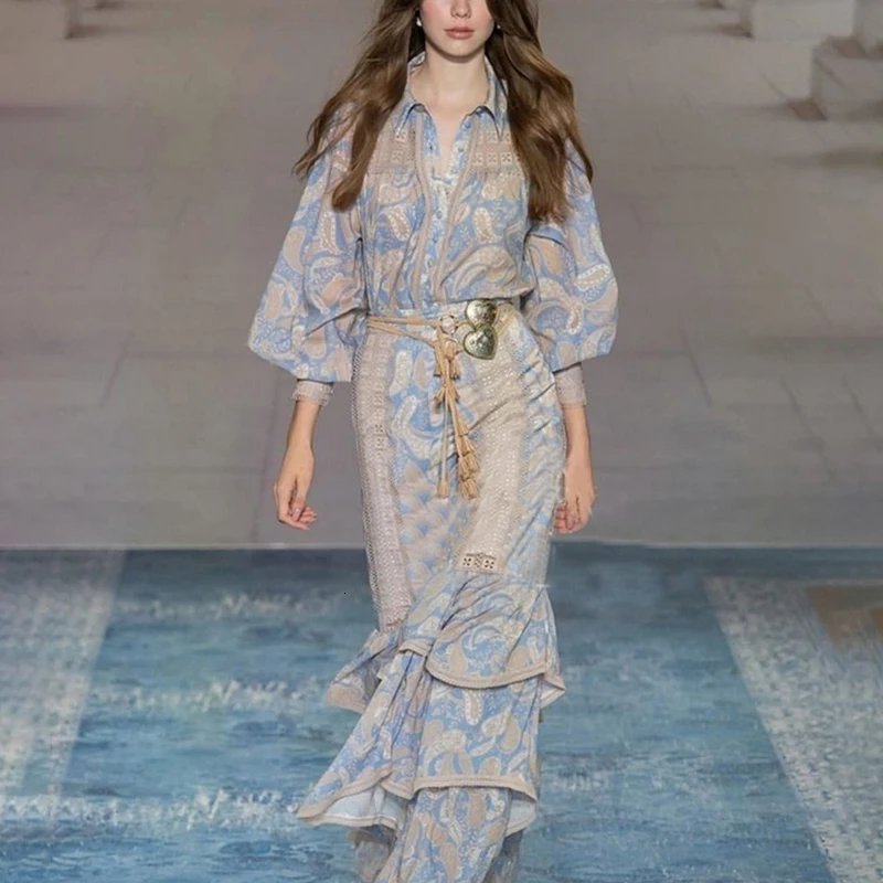 

Print Two Piece Sets Female Lapel Collar Lantern Long Sleeve High Waist Sashes Ruffle Suits For Women Fashion Tide