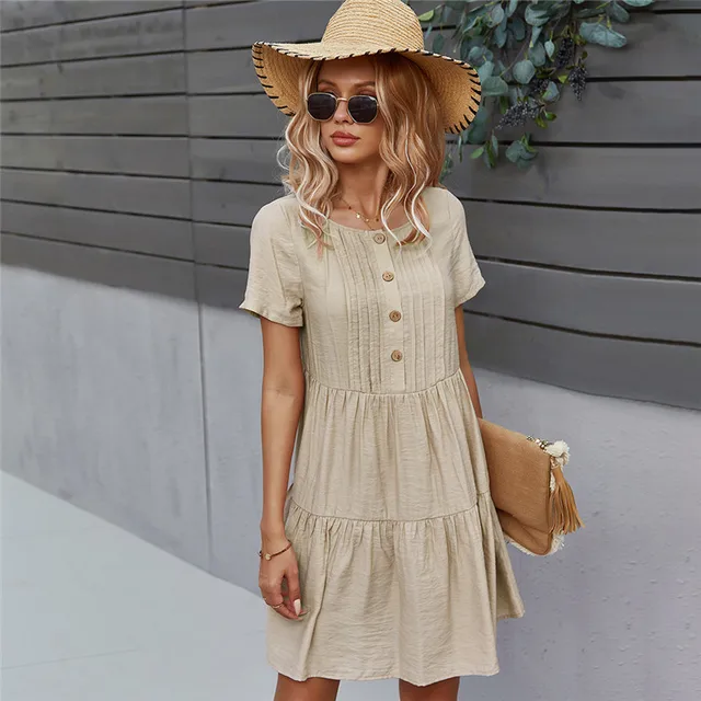 Spring New Solid Short Dress Women 2021 Casual O Neck Button Summer Dress Ladies Loose Short Sleeve A Line Dresses 3
