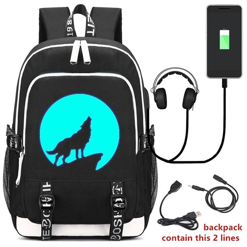 Moon Wolf светящийся школьный рюкзак Студенческая унисекс сумка для ноутбука USB