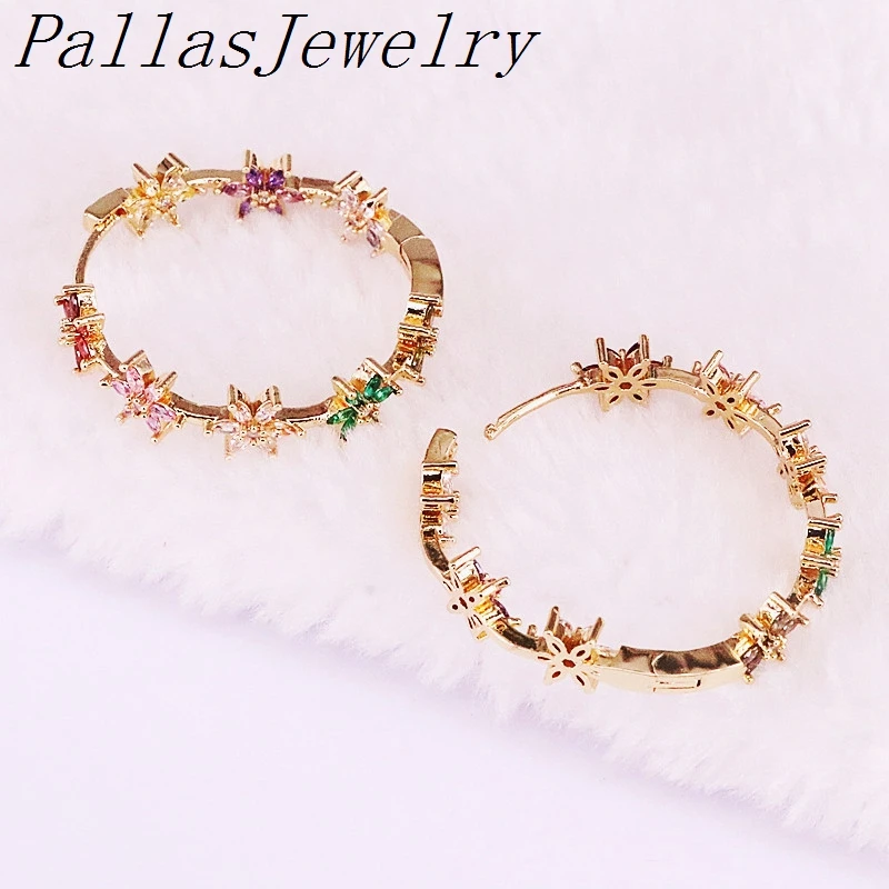 3Pairs Gold Filled Rainbow CZ Micro Pave Multi Colorful Zirconia Flower Circles Earrings For Women Lady