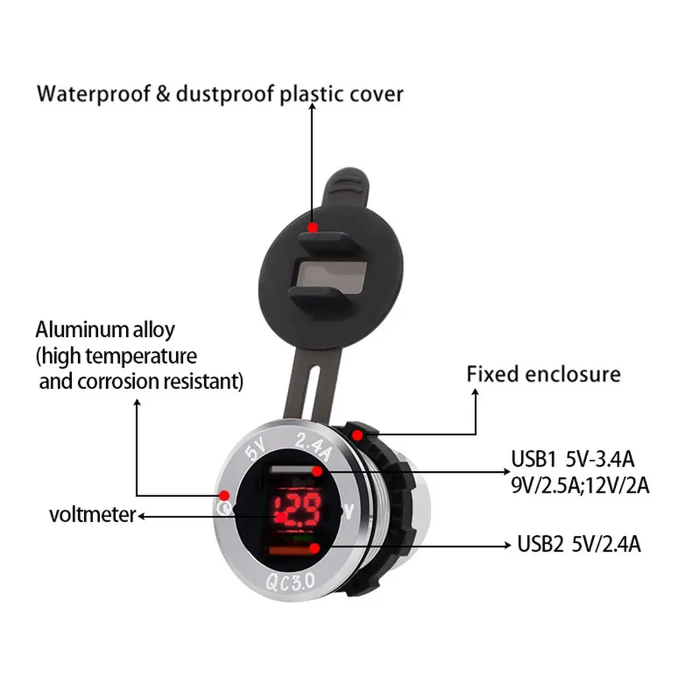 Универсальное автомобильное зарядное устройство QC3.0 Быстрая зарядка USB Автомобильное зарядное устройство DC12V-24V Водонепроницаемый двойной USB зарядное устройство 2 порта разъем питания