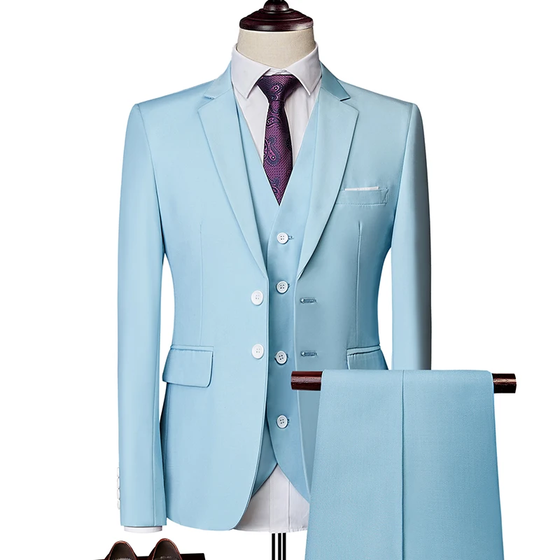 Sky blue Мужской костюм,, свадебные костюмы для мужчин, с шалевым воротником, 3 штуки, облегающий бордовый костюм, мужской желтый смокинг, пиджак размера плюс, 6XL, 5XL - Цвет: Sky blue