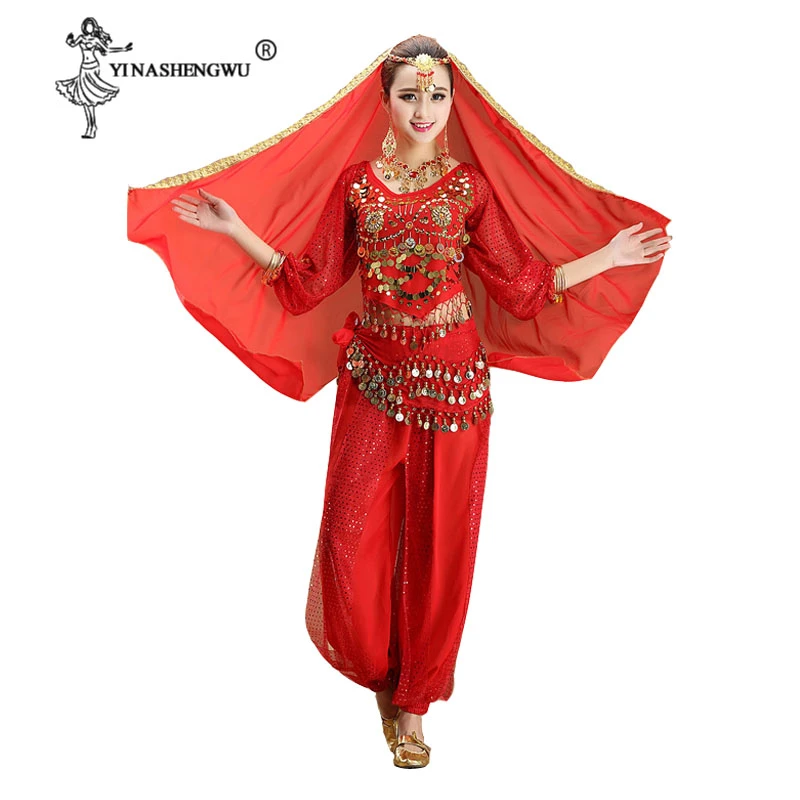 3-teiliges Bauchtanz Set Damen - Top, Hose & Kopfschleier Mit Pailletten