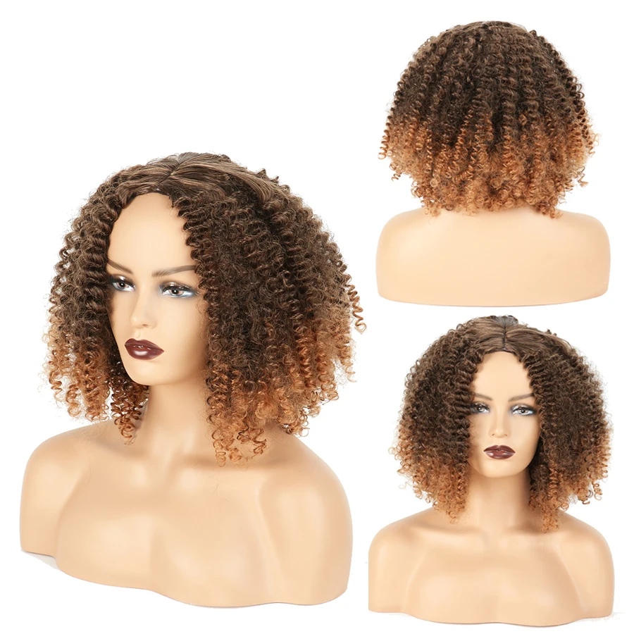 Perucas para as Mulheres Marrom Afro Crespo Peruca Encaracolado Mel Profundo Curto Negras Ombre Synthetic Fibre Cachos Cosplay 4 High Quality Apliques e perucas