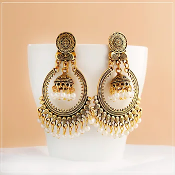 

Antique Indian Women's White Beads Tassel Jhumka Earrings Ethnic Gypsy Gold Alloy Big Circle Bell Drop Earring Fashion Jewelry