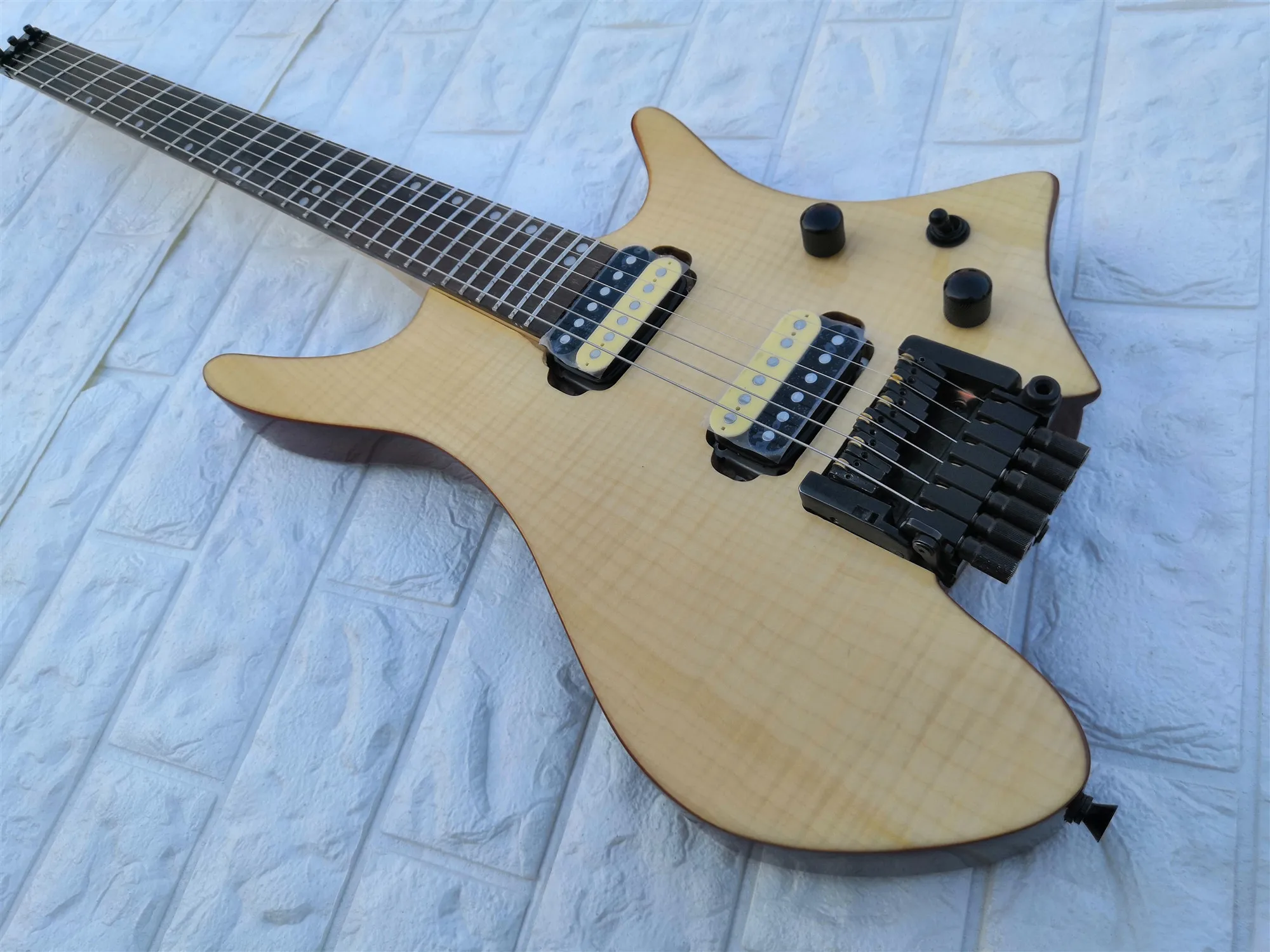 

Headless Original wood Color solid body tiger stripes cover Fanned fret electric Guitar,customized!HL-6