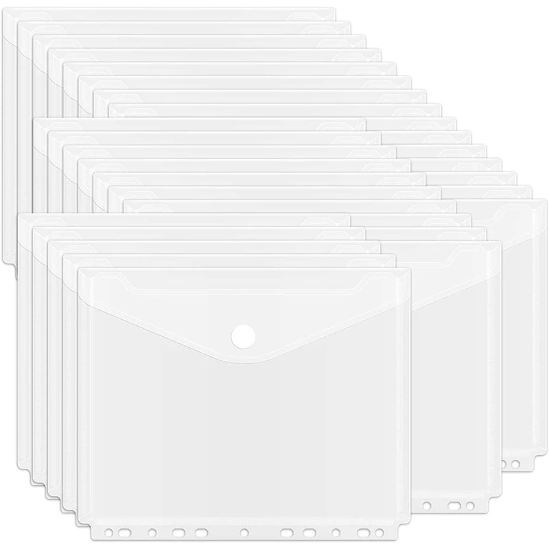 30pack Poly Binder Pocket, 11 Holes Clear Binder Envelope With Hook And