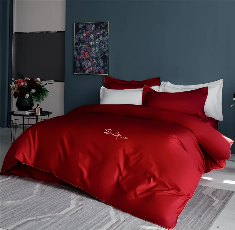 Роскошный 1000TC Египетский хлопок королева набор для больших кроватей покрывало простыня пододеяльник наволочка красный белый комплект кровати parure de lit