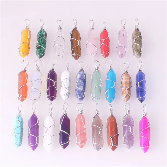 50 pcs Mixed Colors 50 шт. кристалл с натуральным драгоценным камнем кварца обертывание кулон ожерелье для женщин маятник рейки целебная кристальная колонна подвески - Окраска металла: 50 pcs Mixed Colors