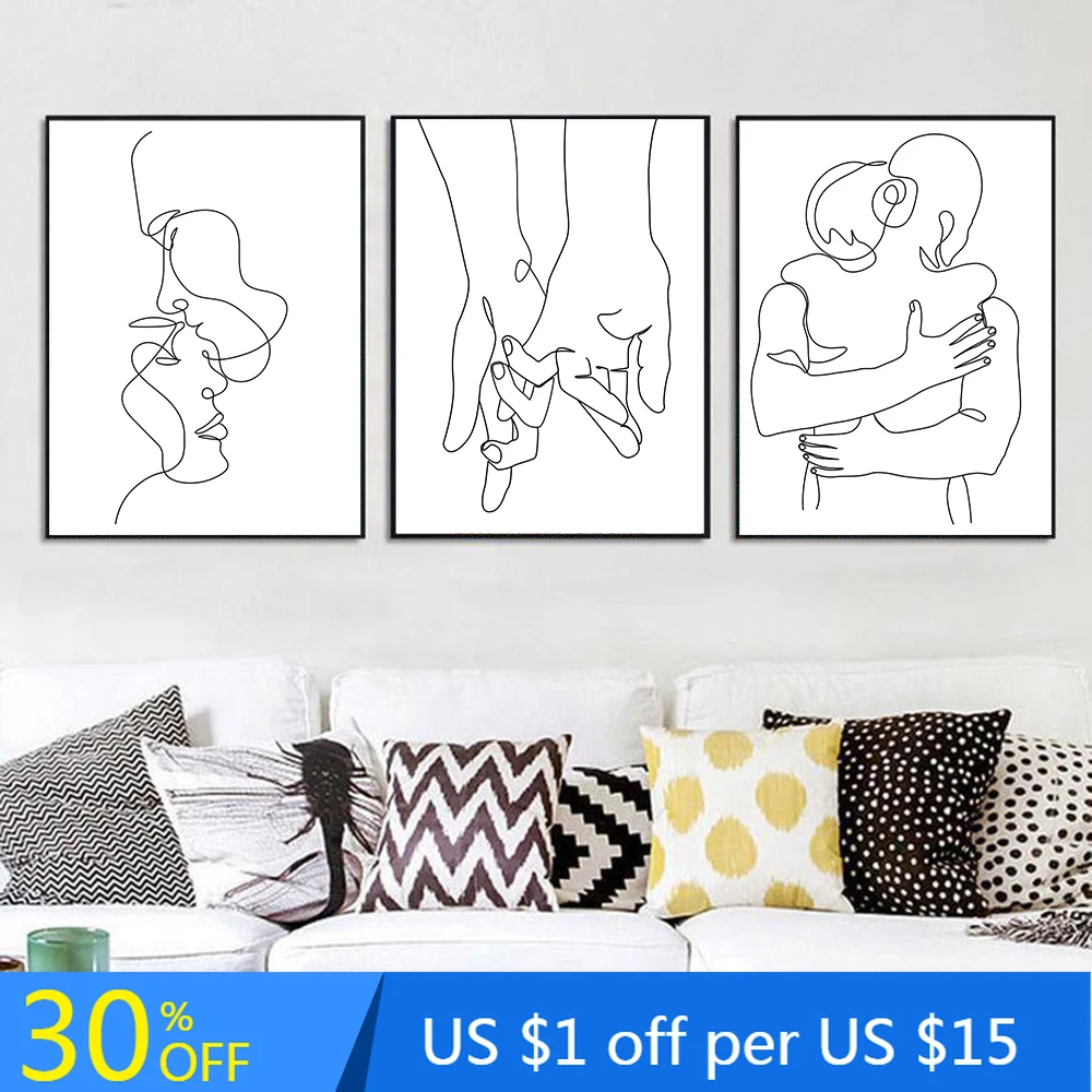 Line Drawing Couple Hand Love Kiss Wall Art Canvas Painting For Living Room Nordic Posters And Prints Minimalist Pictures | Дом и сад