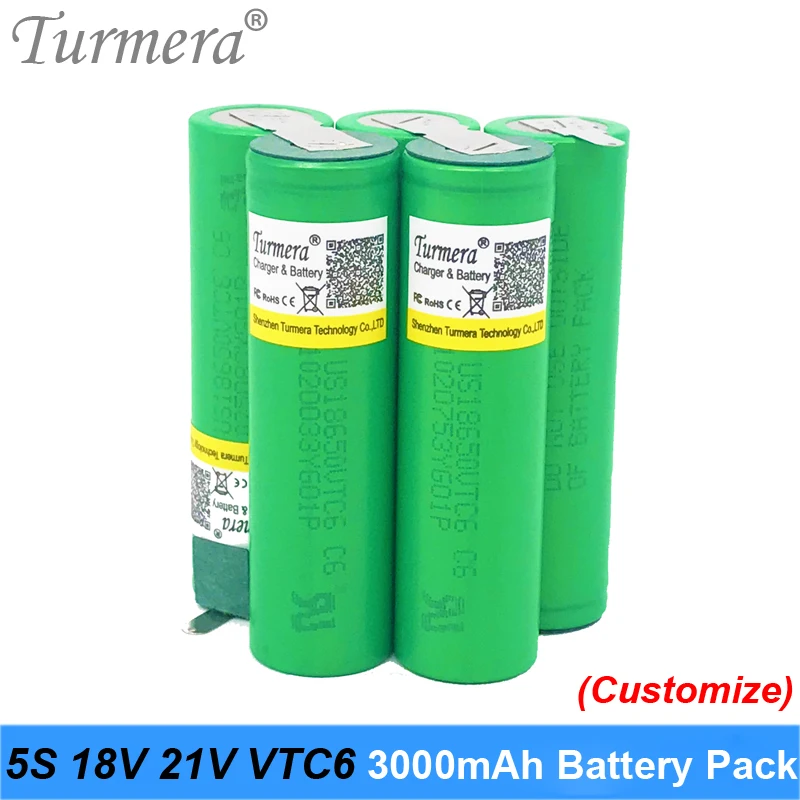 Turmera 18v battery pack us18650vtc6 3000mah 18650 vtc6 30a battery pack for 18650 5s battery screwdriver battery 5s 18v 21 battery for vacuum cleaner customize 02