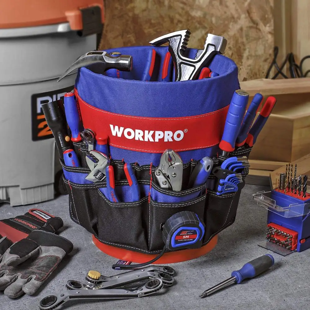 WORKPRO 5갤런 버킷 도구 정리함 버킷 보스 도구 가방(51개 포켓 포함) 3.5-5갤런 버킷에 적합(도구 제외)