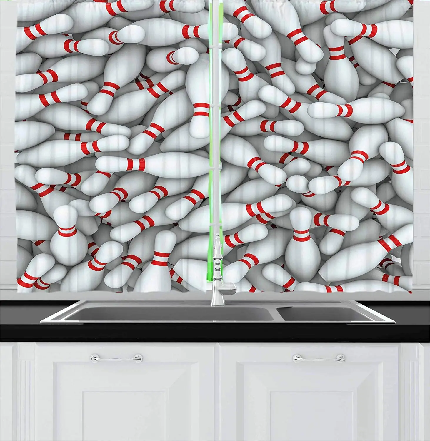 Bowling Party Blackout Curtains Pile of Vivid Bowling Pins Skittles Red Stripes 3D Style Print Window Drapes for Living Room Bowling Party Blackout Curtains Pile of Vivid Bowling Pins Skittles Red Stripes 3D Style Print Window Drapes for Living Room