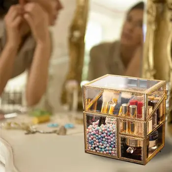 

Antique Handmade Makeup Organizer Vintage Mirror Glass Brush Holder Jewelry Box Make up Brushes 3Compartments
