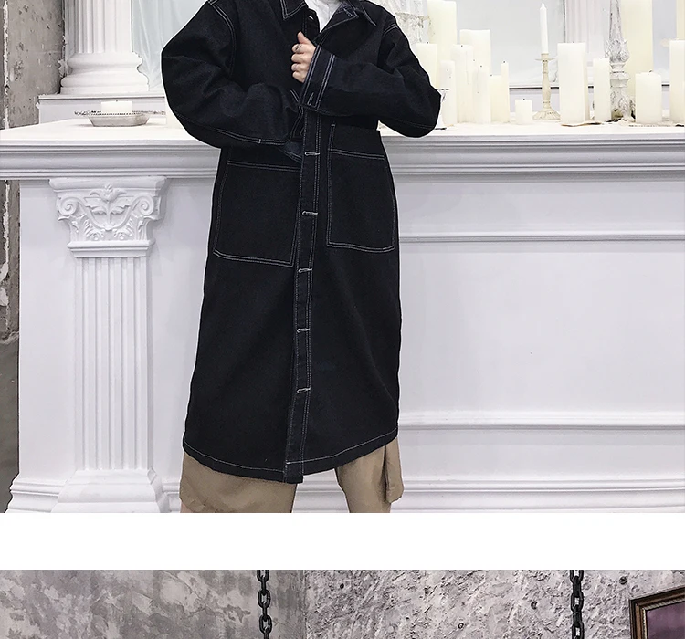 Men Long Casual Denim Trench Coat Streetwear Hip Hop Fashion Loose Cowboy Cardigan Jacket Male Jean Windbreaker Overcoat