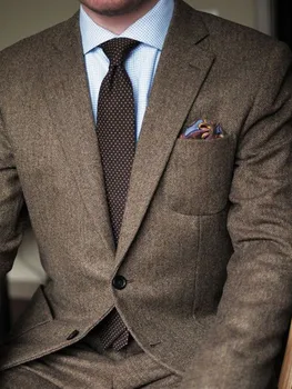 

Dark Brown tweed blazer men Wool Herringbone British style custom made Mens suit slim fit Blazer wedding suits for men