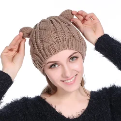 2021 winter Beret Lady's twist wool hat Cat ear hat Warm knit hat Lady's cold Cap Knitted Out door headcover