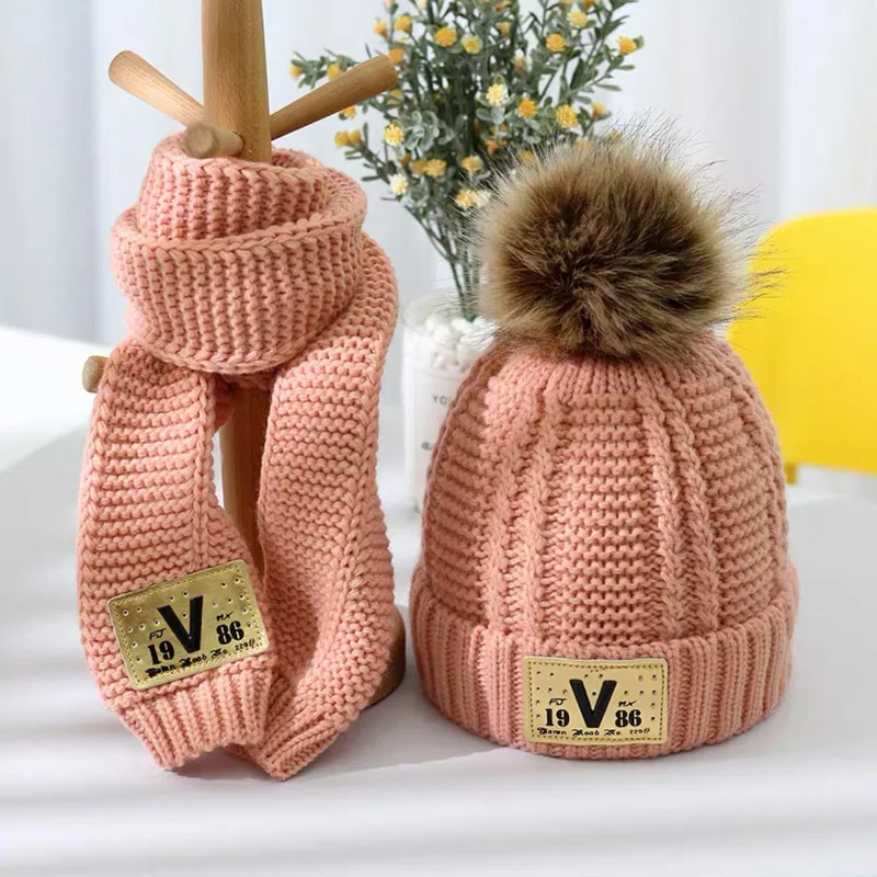 Wool Hat Kids Winter Hat Scarf Set Children's hat and scarf set combination boys and girls lovely thick style autumn winter warm knitting